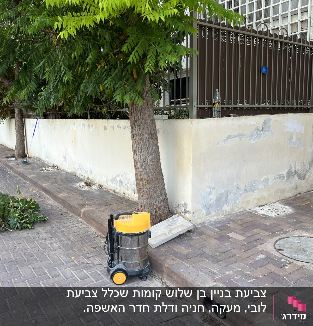 קיר עם קילופי צבע ודליי צבע בצד